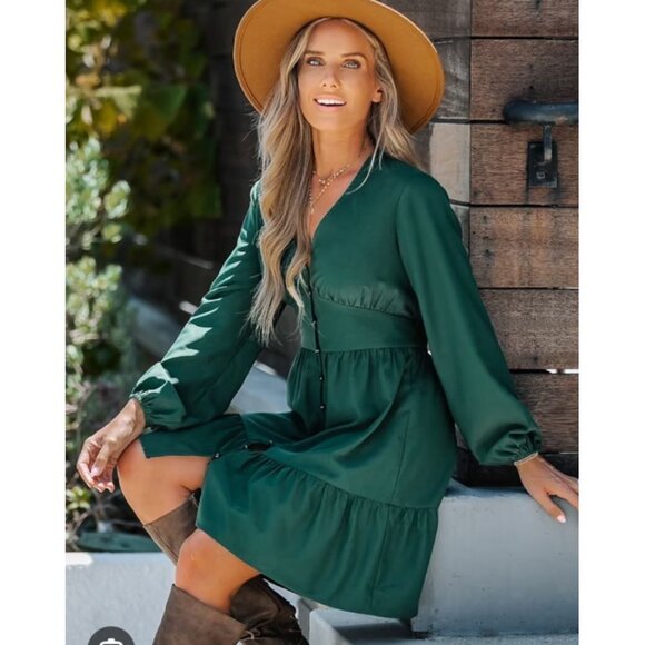 Cupshe XS Emerald Button Mini Dress Long Sleeve NWT - Picture 2 of 15